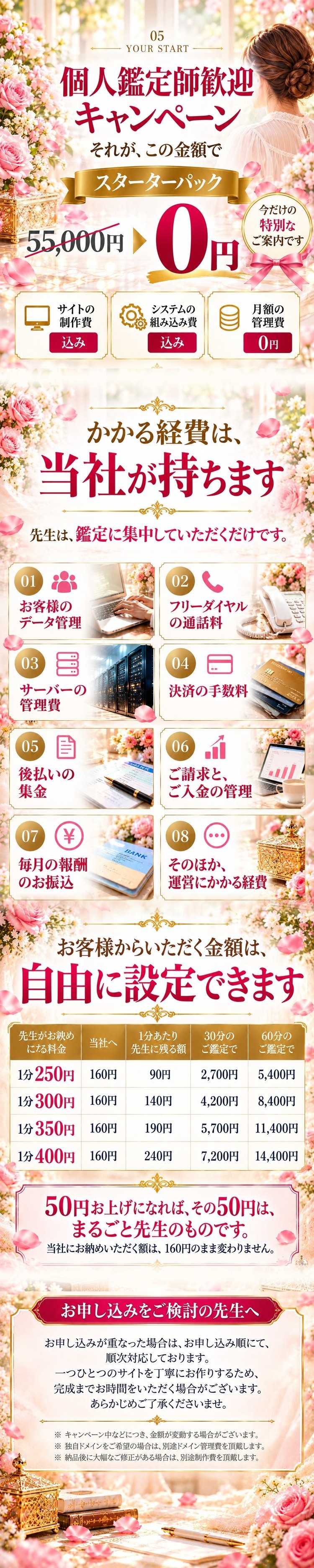 05 YOUR START 個人鑑定師歓迎キャンペーン スターターパック55,000円が0円 かかる経費は当社が持ちます お客様からいただく金額は自由に設定できます 先生がお納めになるのはご鑑定1分あたり一律160円のみ