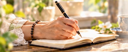 ノートに静かに言葉を書き留める手元のイメージ
